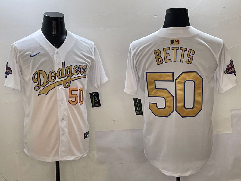 Men Los Angeles Dodgers #50 Betts White Champion gold character 2025 Nike MLB Jersey style 1->los angeles dodgers->MLB Jersey